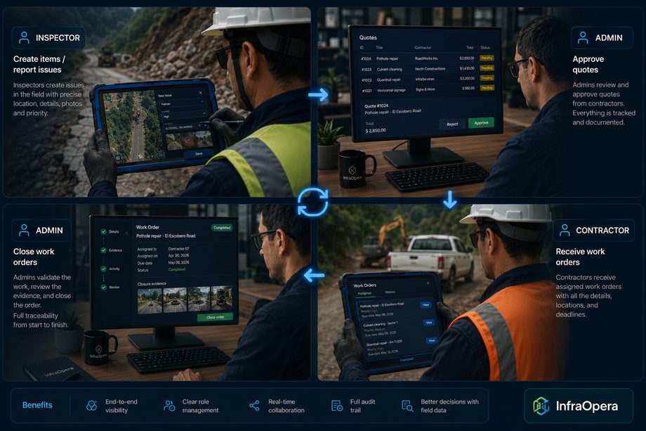Role-based collaboration flow: inspector, administrator and contractor