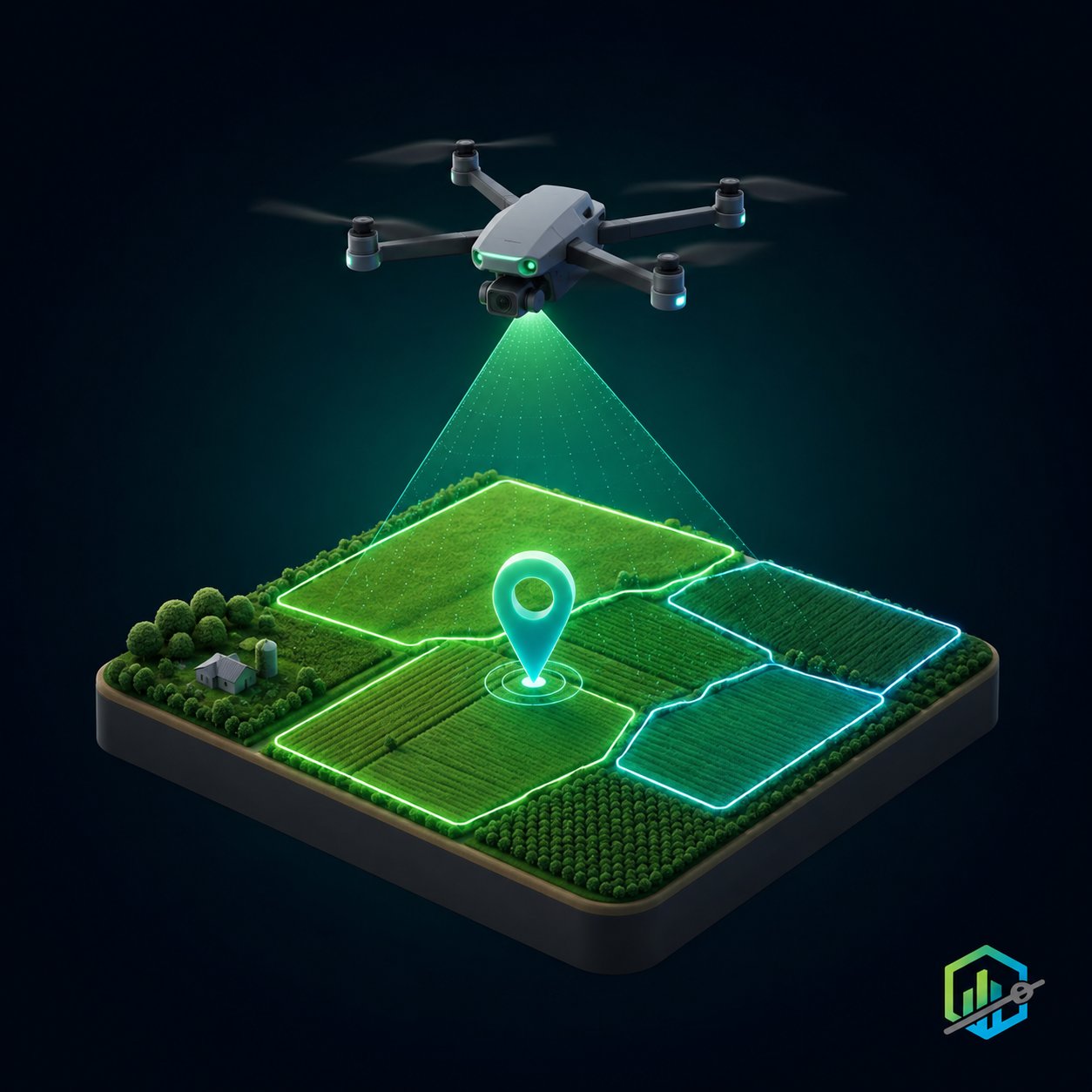 Drone flying over the field while the fields are drawn on the map with their geofences