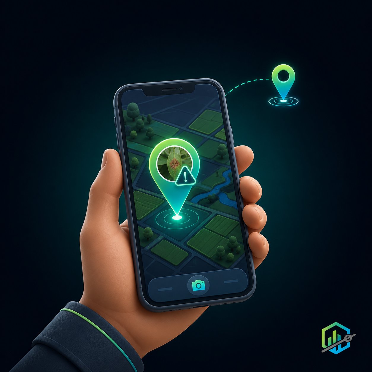 Hand holding a phone reporting an event in the field with a photo and exact location marker
