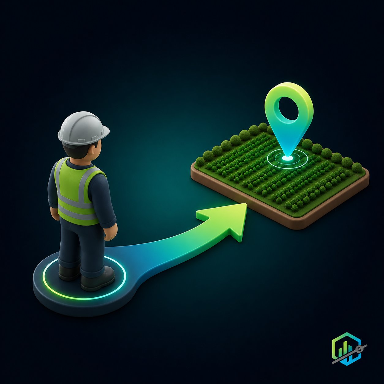 Worker with helmet and vest guided by an arrow to the exact field where the task is