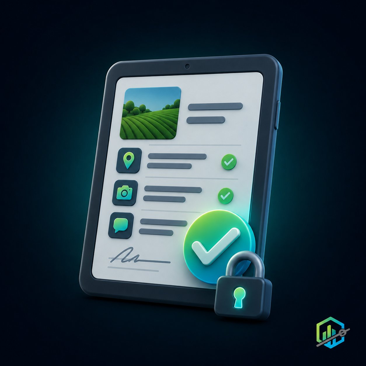Tablet with the work order, evidence and signature, approved with a check and sealed for traceability