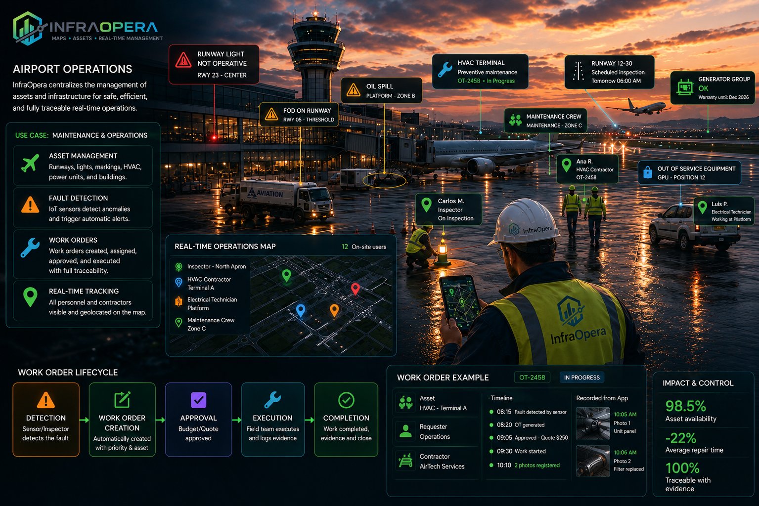 Living Airport flow: from the apron staff's report to the control center's action, with airside geofence, assignment and real-time tracking.
