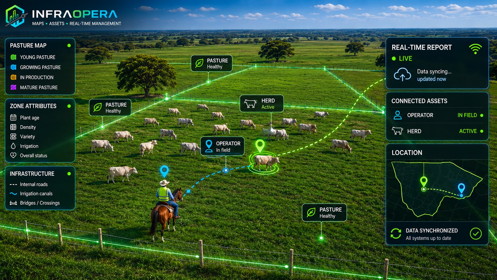 Living Field in extensive livestock farming: paddocks delimited as geozones, a worker reporting from the field with exact location, and the herd tracked by GPS collar, all reaching management in real time.