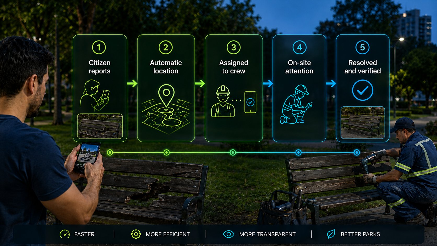 Living City flow in 5 steps: 1. the citizen reports a broken bench with a photo, 2. automatic location on the map, 3. routed to the crew, 4. on-site service, 5. resolved and verified with evidence. Faster, more efficient, more transparent, better parks.