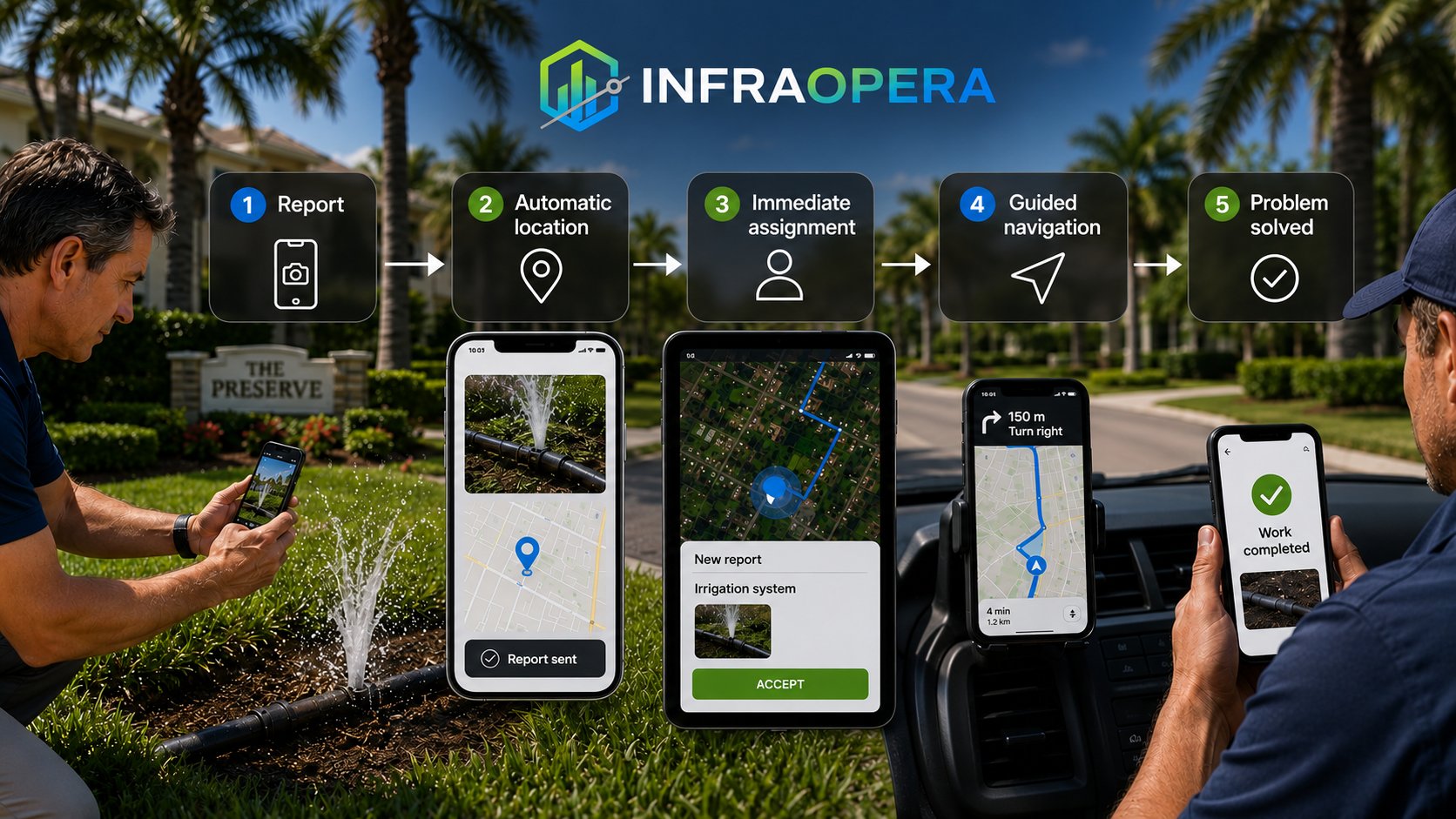 Living Community flow in 5 steps: 1. the resident reports with a photo, 2. automatic location, 3. immediate assignment to the contractor, 4. guided navigation to the spot, 5. problem solved with evidence.