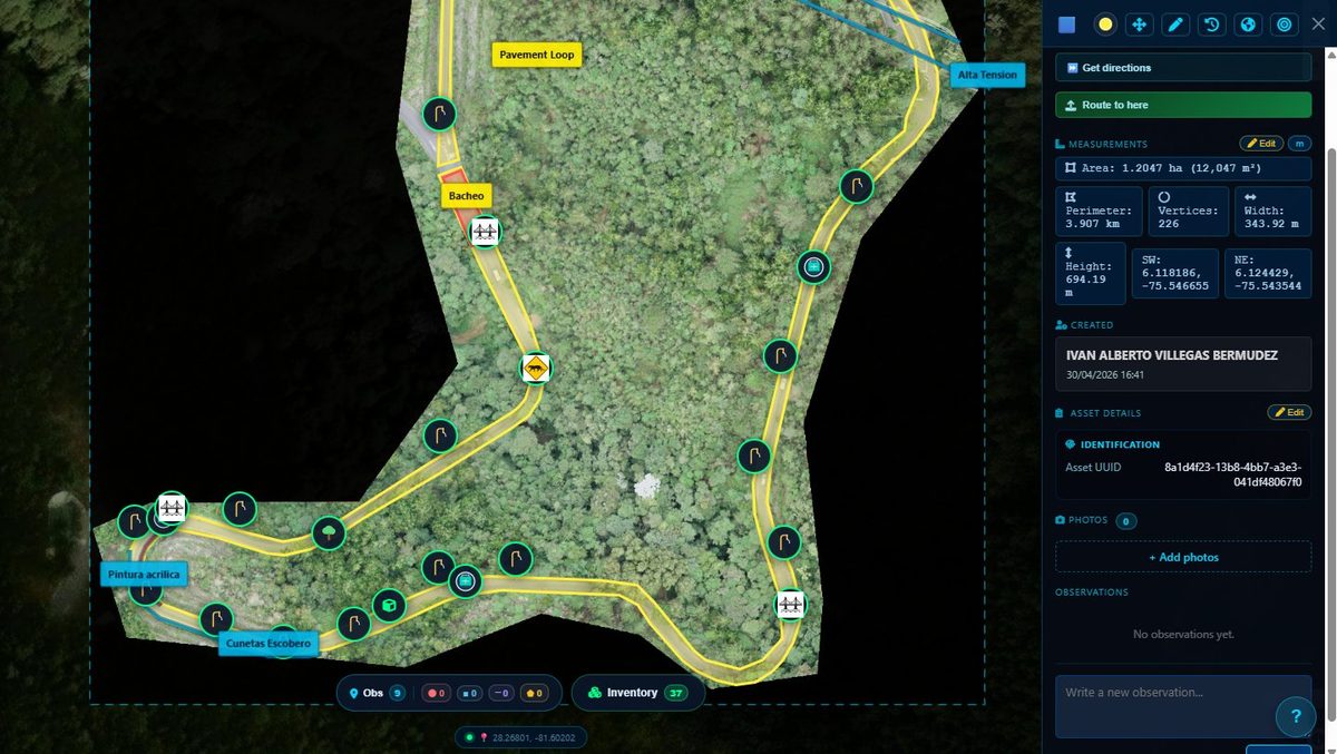 View of the El Escobero project in InfraOpera: aerial map with georeferenced observations, roads, high-voltage lines and patching zones