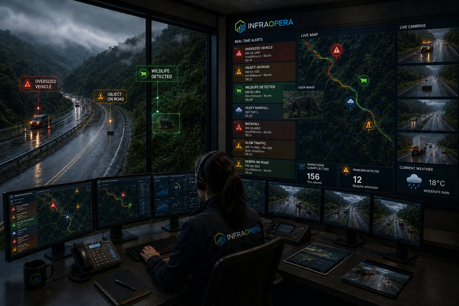 InfraOpera control center: real-time alerts, live map and cameras of a road corridor