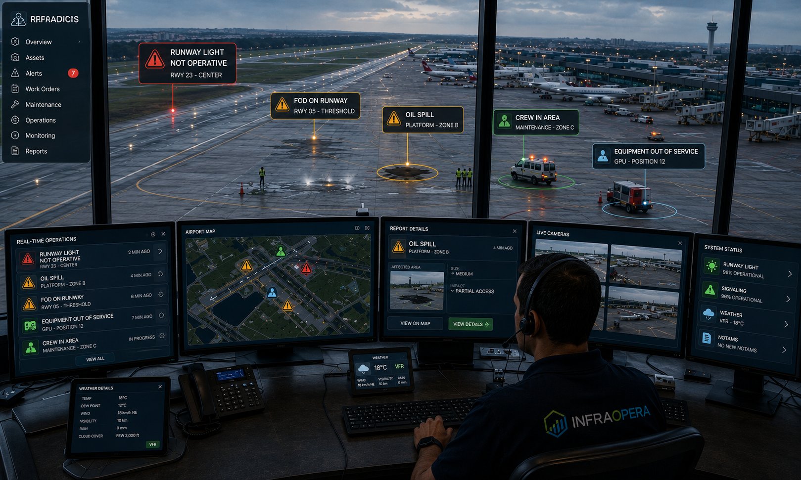 Airport control tower with InfraOpera real-time alerts: FOD on the runway, an inoperative runway light and crews on site
