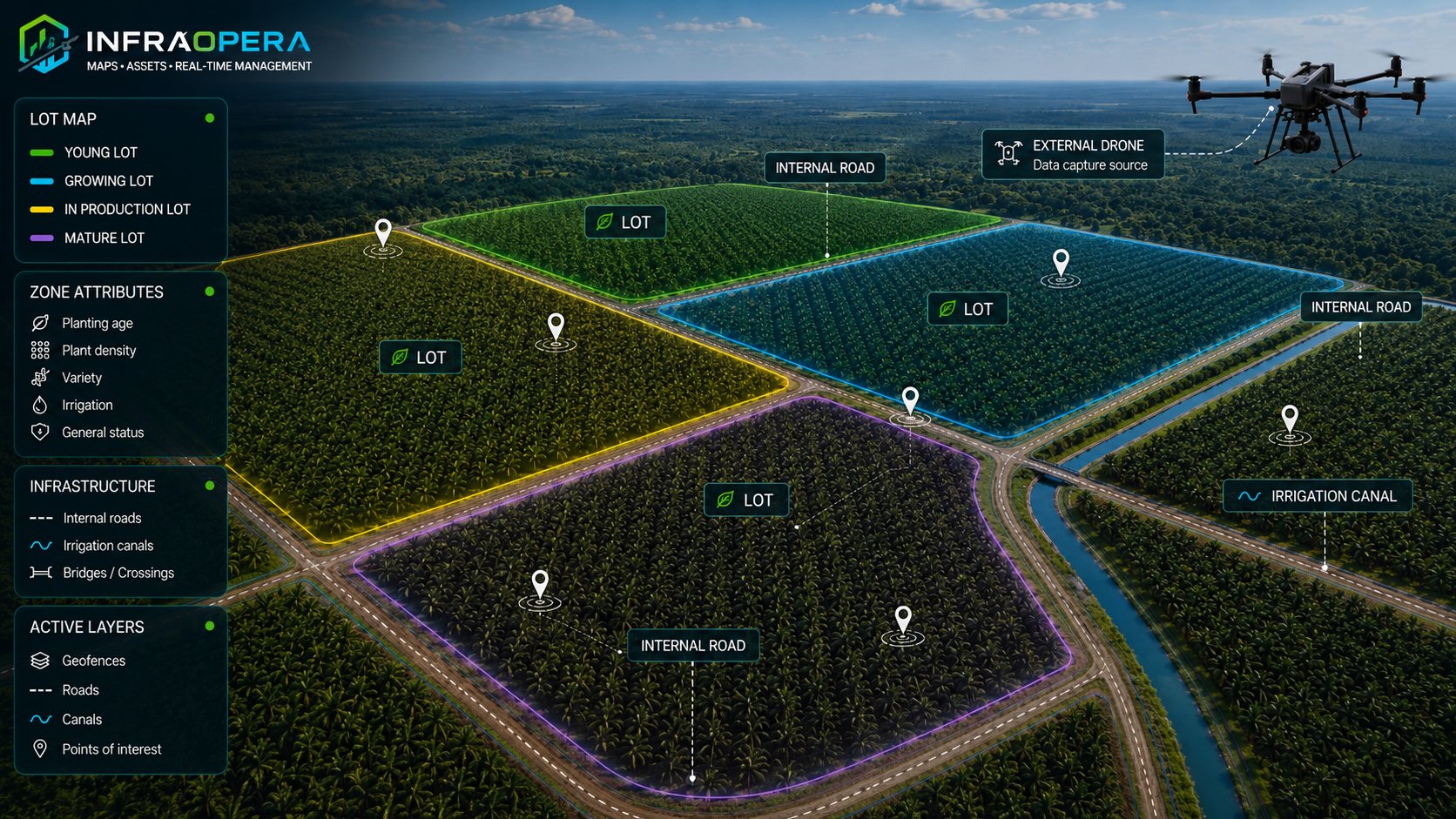 Oil palm plantation operated with InfraOpera: fields delimited by geozones according to their age, internal roads and irrigation channels on the map, with drone capture.