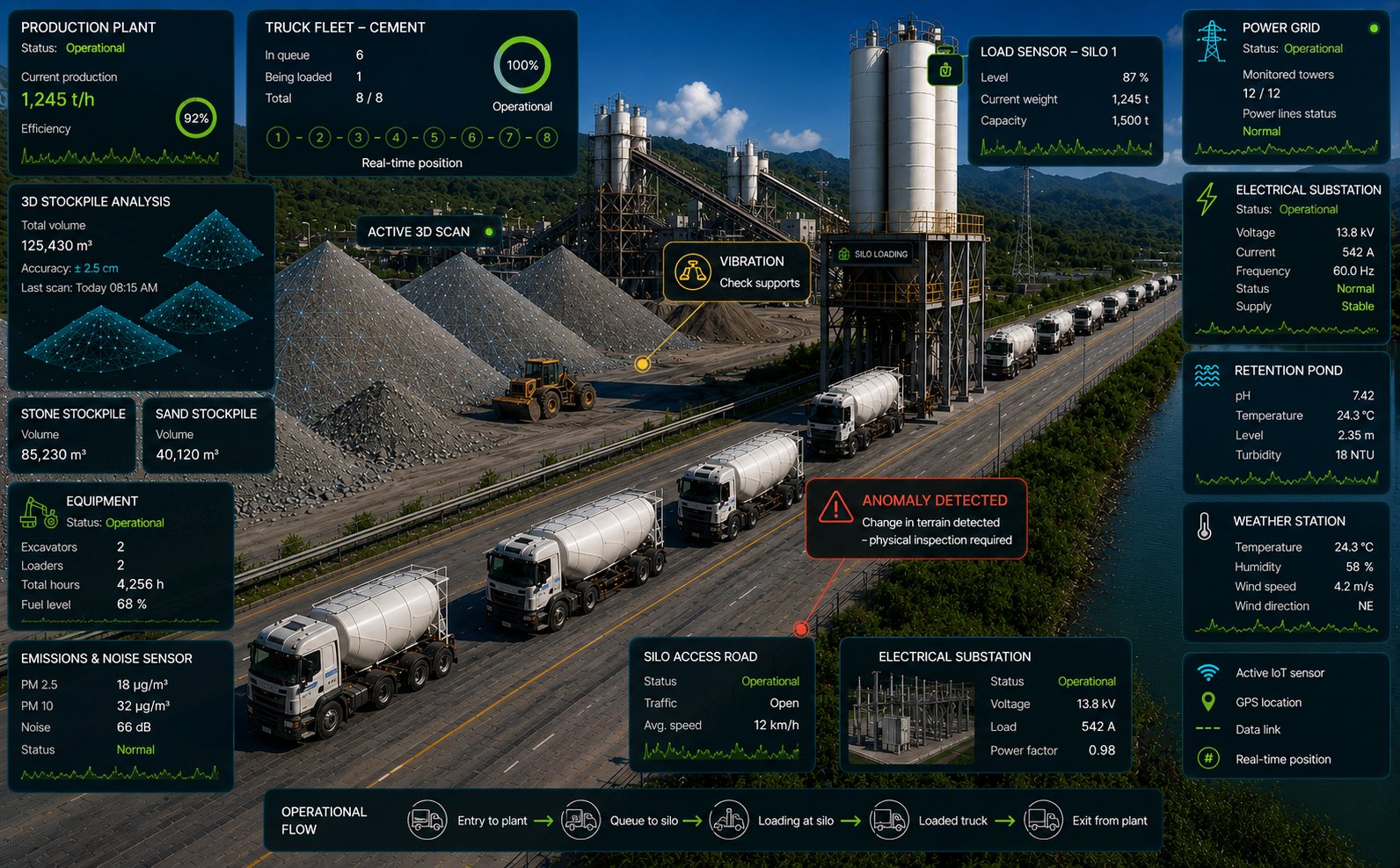 Cement-plant-type industrial operation monitored with InfraOpera: production plant, silos, fleet of cement trucks, 3D-scanned stockpiles, substation and retention pond, with real-time telemetry on the map.