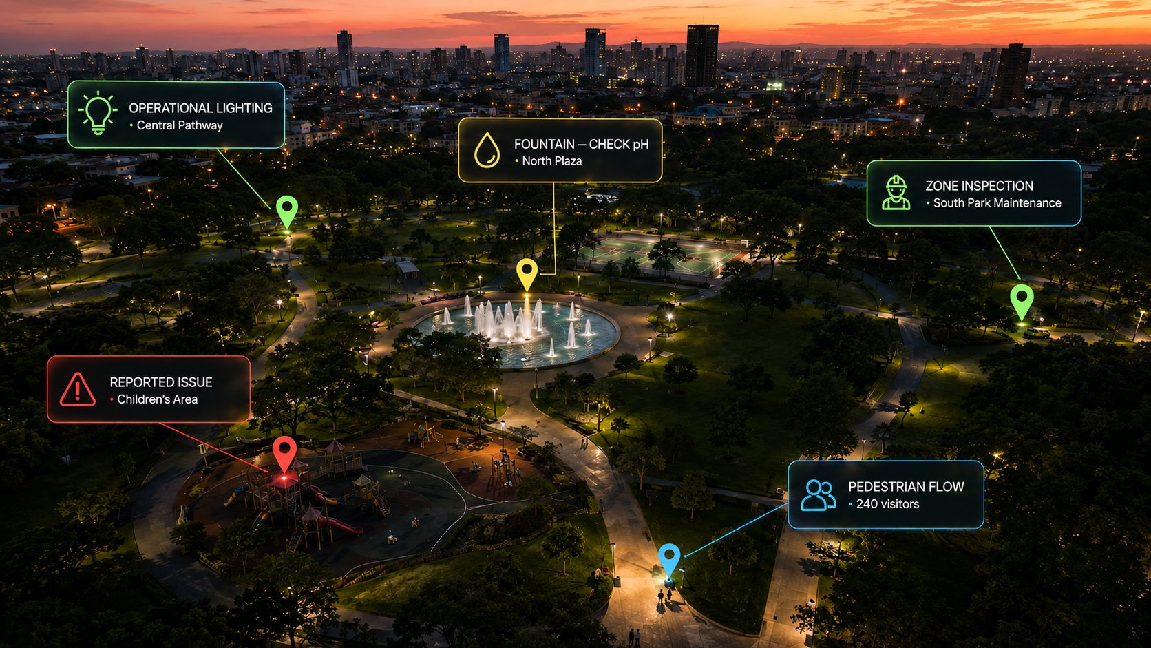 Urban park at dusk operated with InfraOpera: real-time alerts of an operational light fixture, a fountain with pH to check, a crew on site, a playground item reported in the children's area and a visitor footfall count