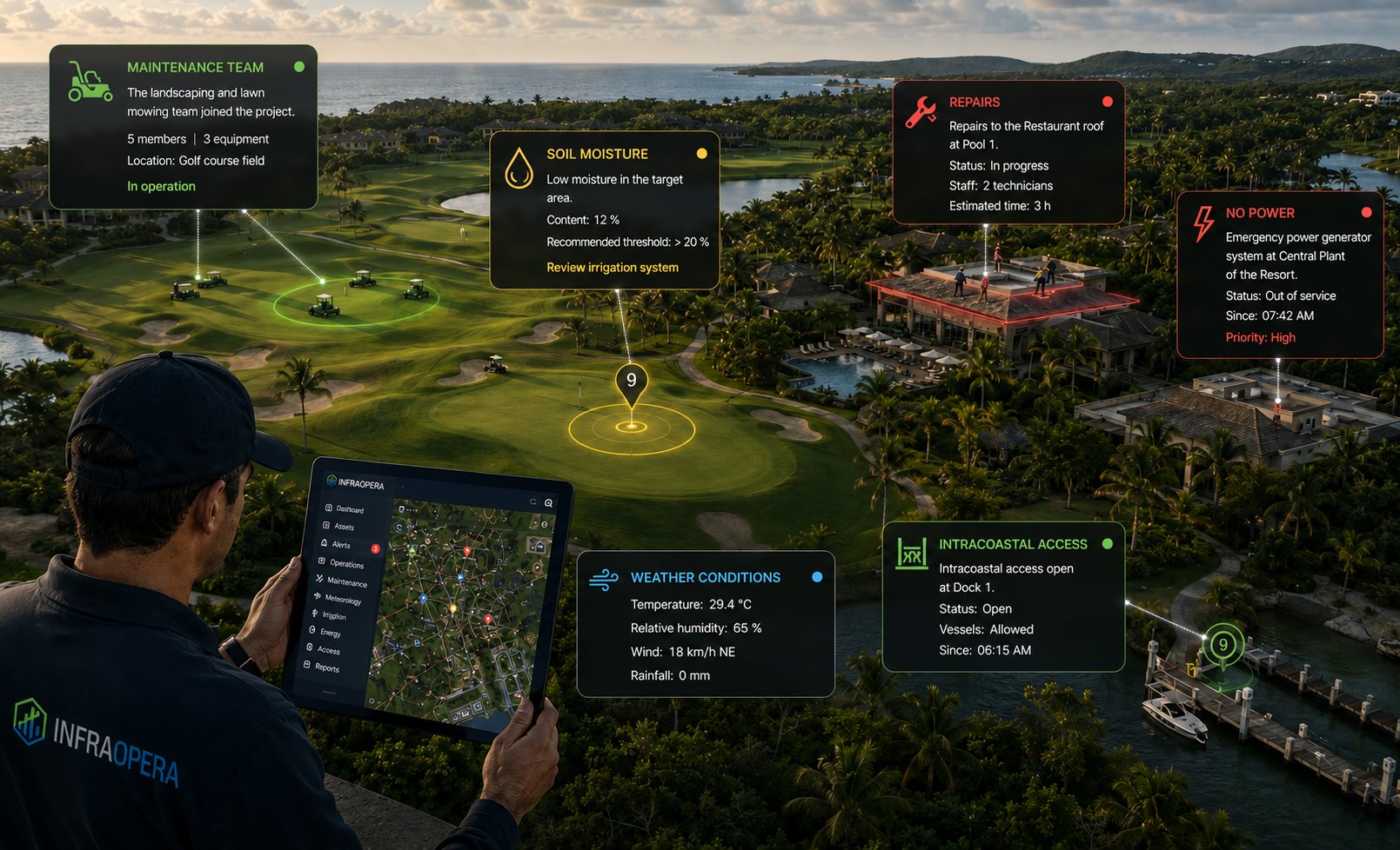 Operation of a resort and golf club on a live InfraOpera map: maintenance team on the course, ground moisture, repairs, power status and intracoastal access in real time