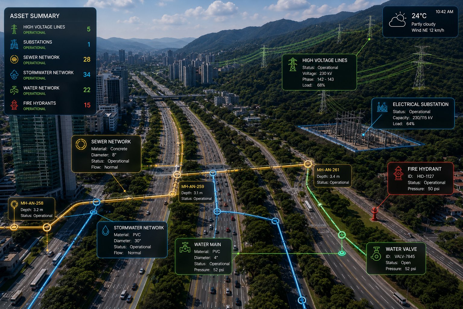 Infrastructure corridor on a live InfraOpera map: high-voltage lines and an electrical substation alongside buried sewer, stormwater and water networks, each segment with its material, diameter, depth, valves, hydrants and manholes