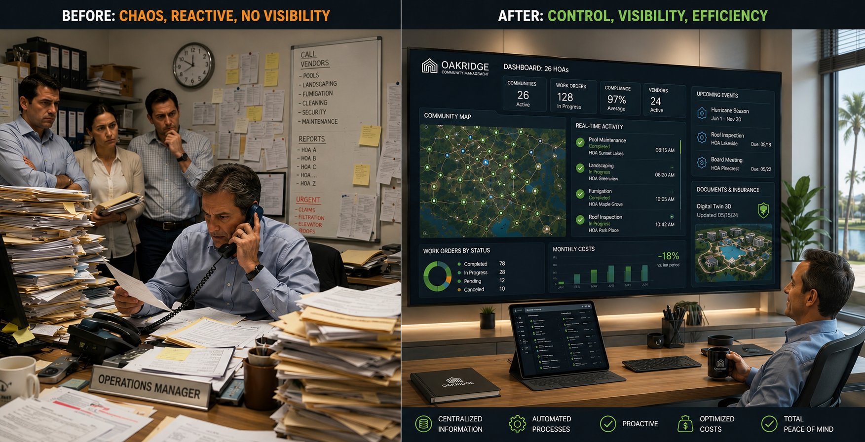 Before: an office in chaos, reactive and without visibility, with the operations manager surrounded by paper and calling vendors. After: control, visibility and efficiency — a portfolio of 26 communities operated from an InfraOpera dashboard with a map, real-time activity and optimized costs.