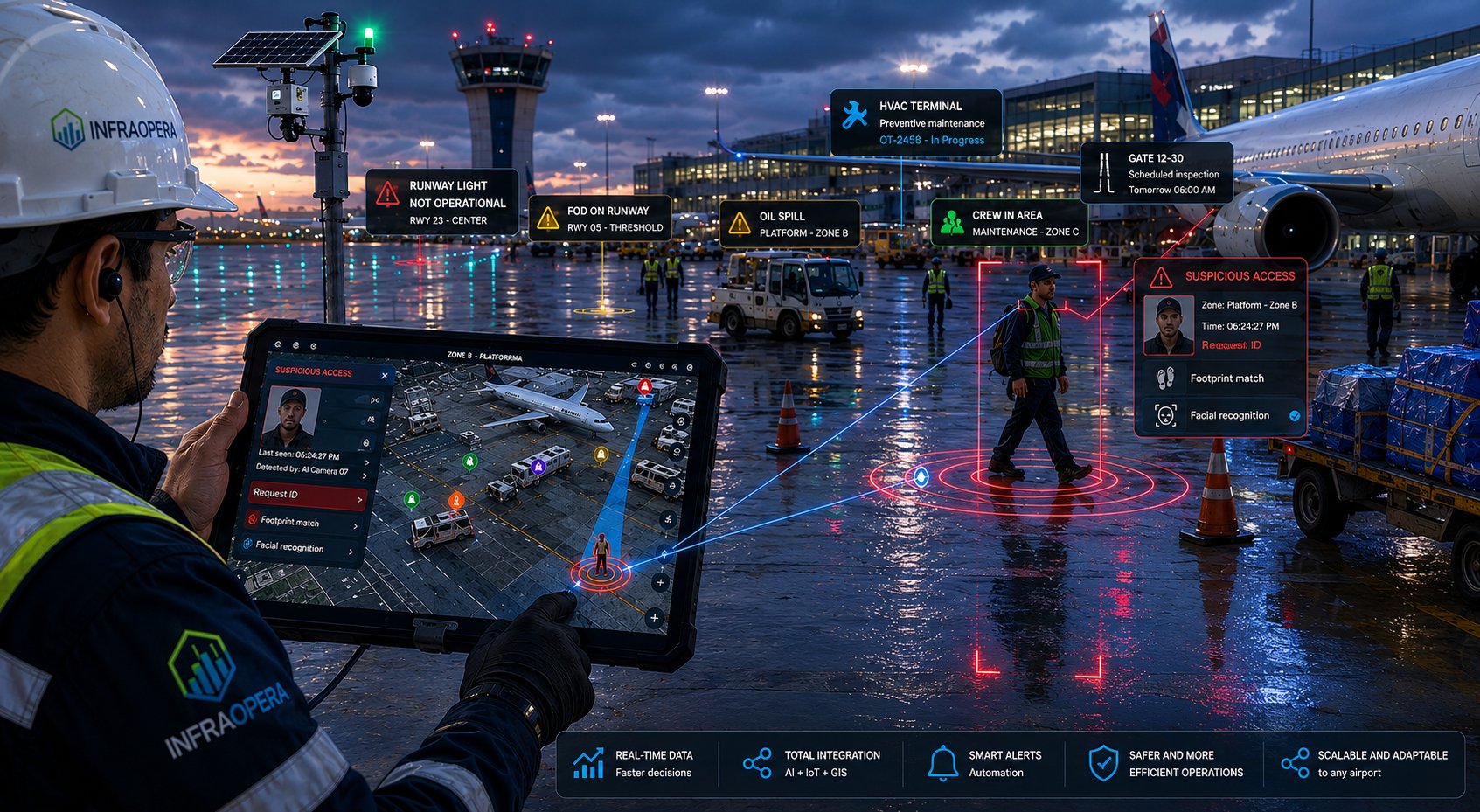 Access control and identity on the apron: the operator detects a suspicious access in Zone B and requests re-identification by fingerprint or facial recognition in real time from the InfraOpera tablet.