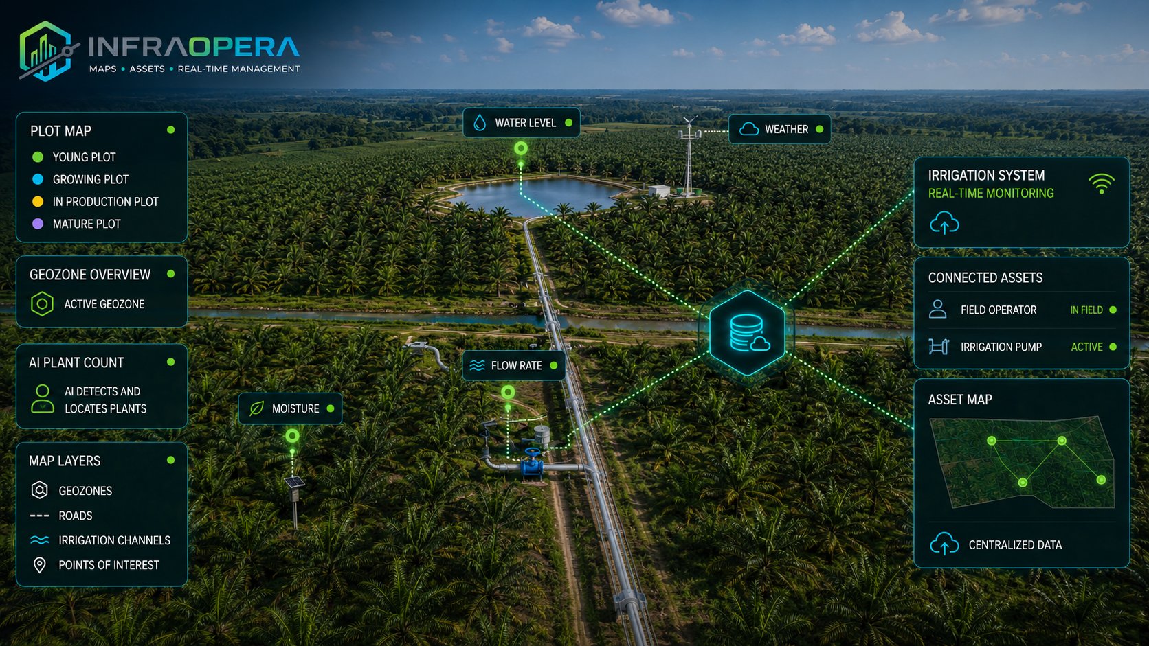Telemetry on an oil palm plantation with InfraOpera: soil moisture sensors, a flow meter on the irrigation system, a weather station and a well-level sensor, connected to the same asset map.