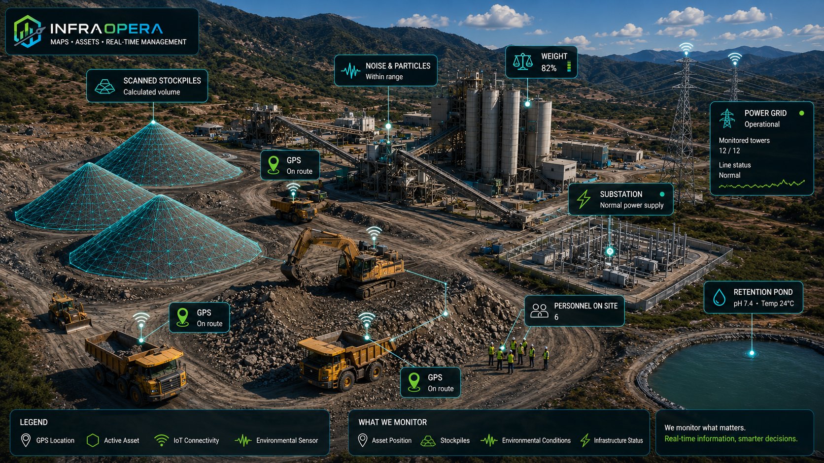 Integrated telemetry of a cement-plant-type operation in InfraOpera: 3D-scanned stockpiles with computed volume, live GPS of haul trucks and an excavator, silo weight, noise and particulates at the crusher, pH and temperature of the retention pond, substation status and personnel count by zone.