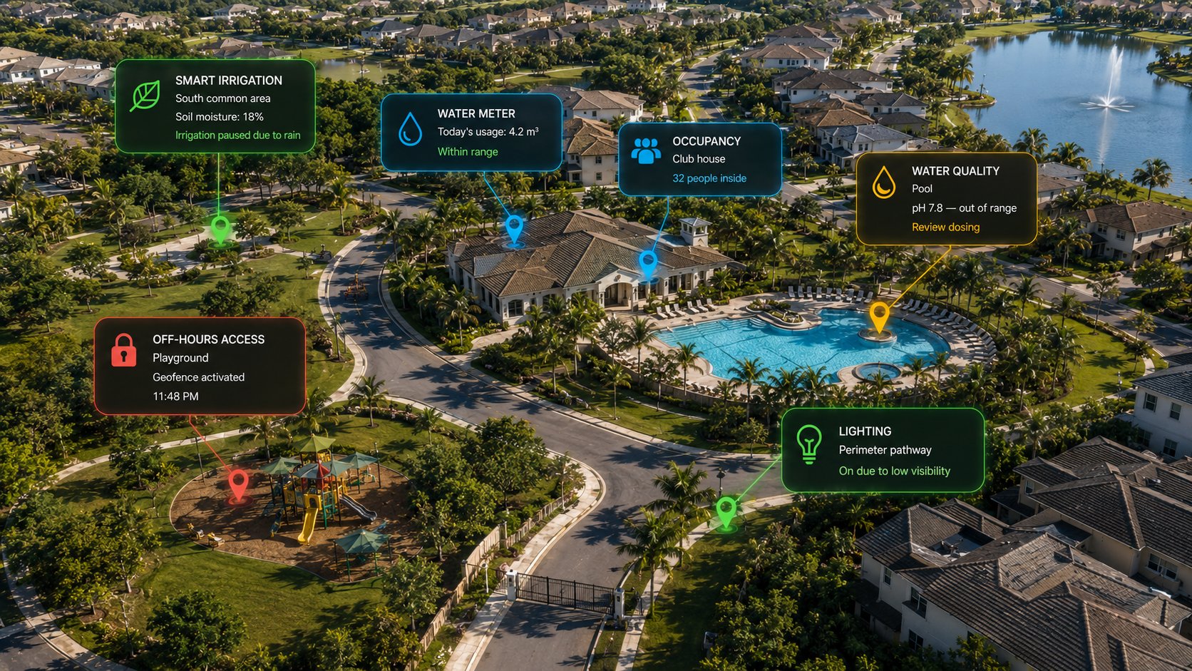 Telemetry in a community: level and quality sensors in the pool, flow meters to detect leaks, consumption meters and motion sensors in common areas.