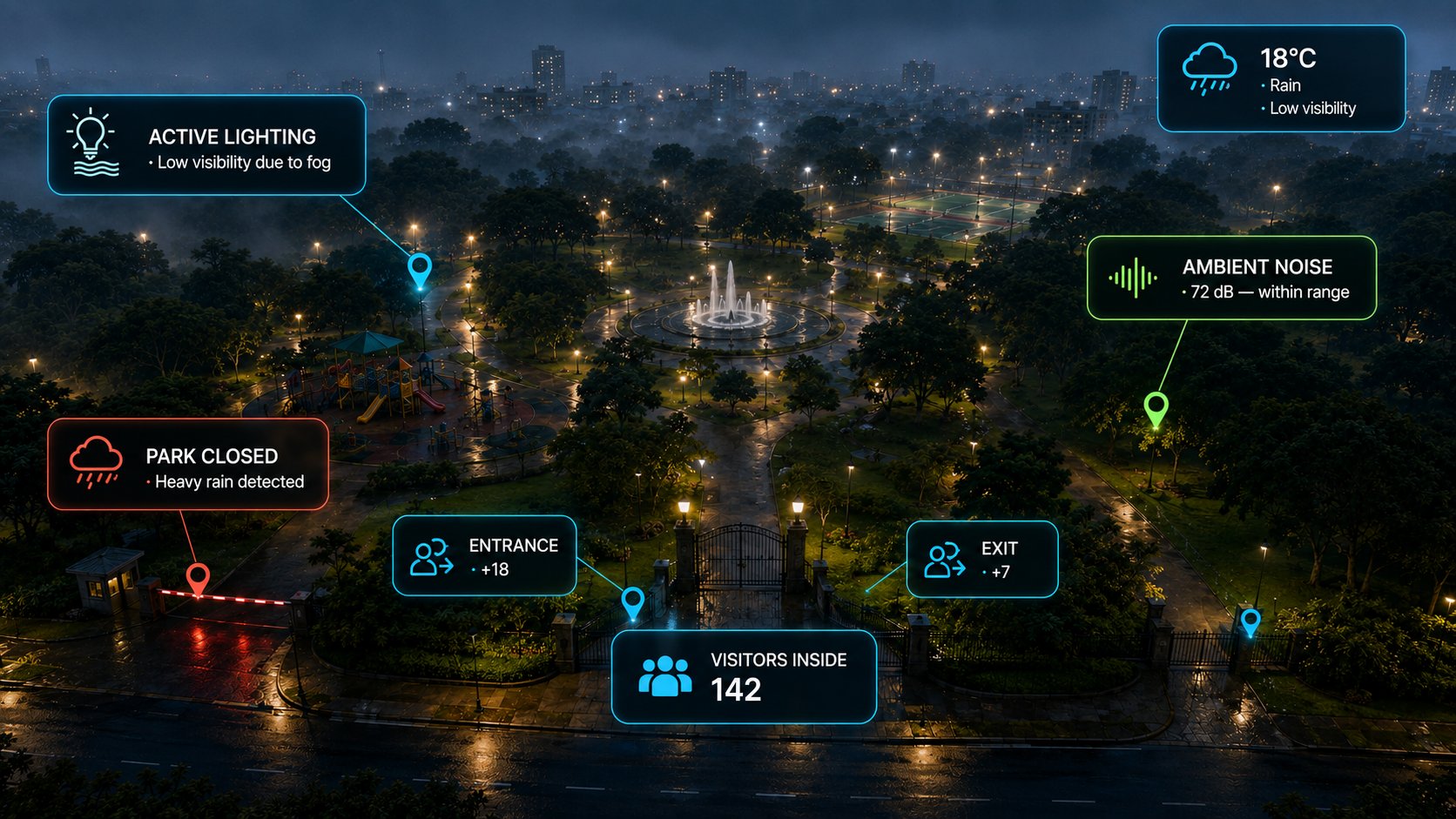 Telemetry in action in a park under rain: lighting switches on due to low visibility from fog, the park closes because intense rain is detected, the entry and exit count estimates 142 visitors inside, and ambient noise stays within range to protect the surroundings.