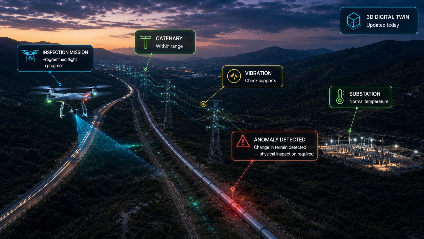 Network inspection in action at dusk: a drone on a scheduled mission flies the corridor, the catenary is reported within range, a fitting with vibration to check, an anomaly from terrain change over the duct flagged for physical inspection, the substation at normal temperature and the 3D digital twin updated today.
