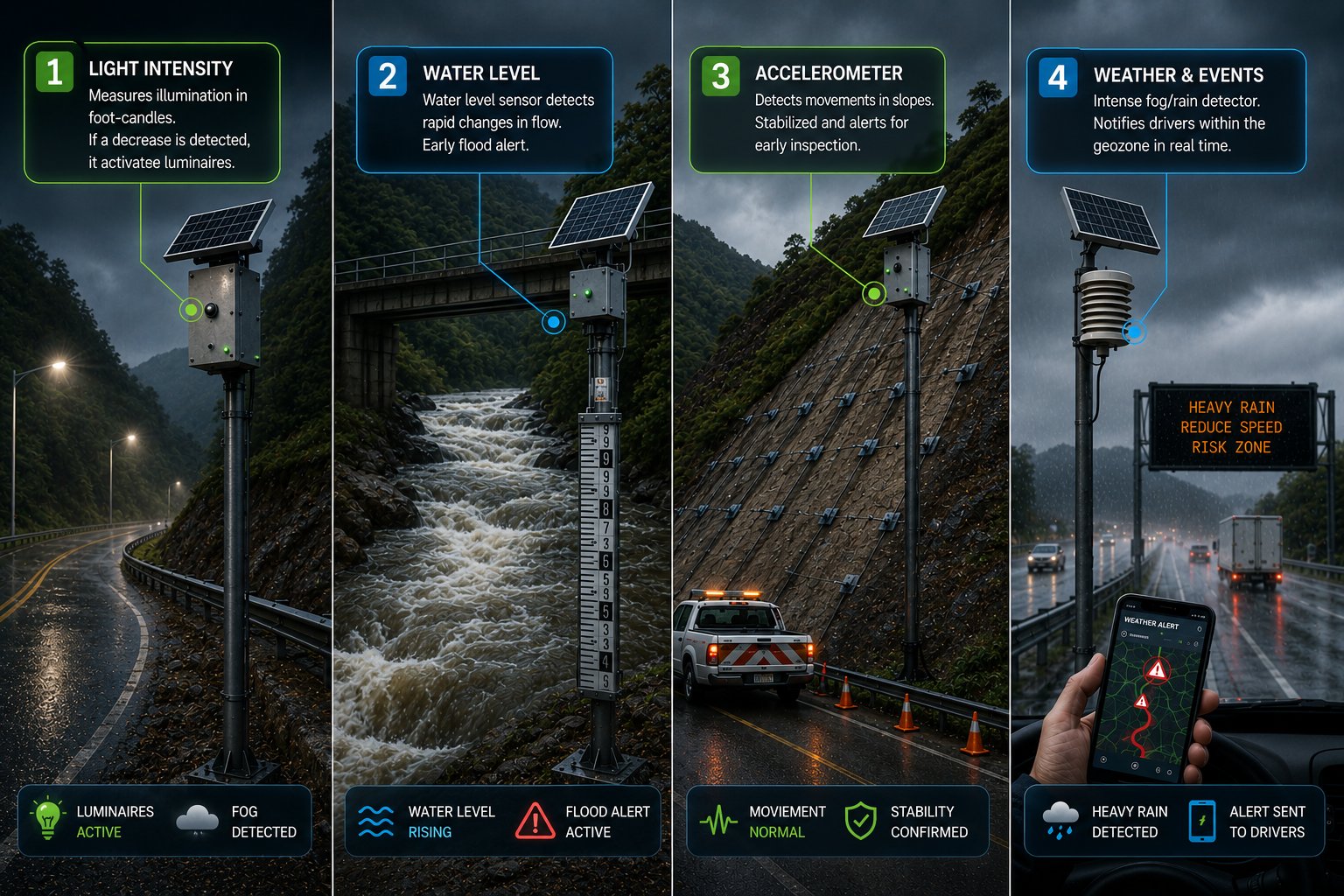 Four types of road telemetry: a light sensor that switches on the fixtures, a stream level gauge with a flood alert, an accelerometer on slopes, and a weather detector that notifies drivers in the geozone.
