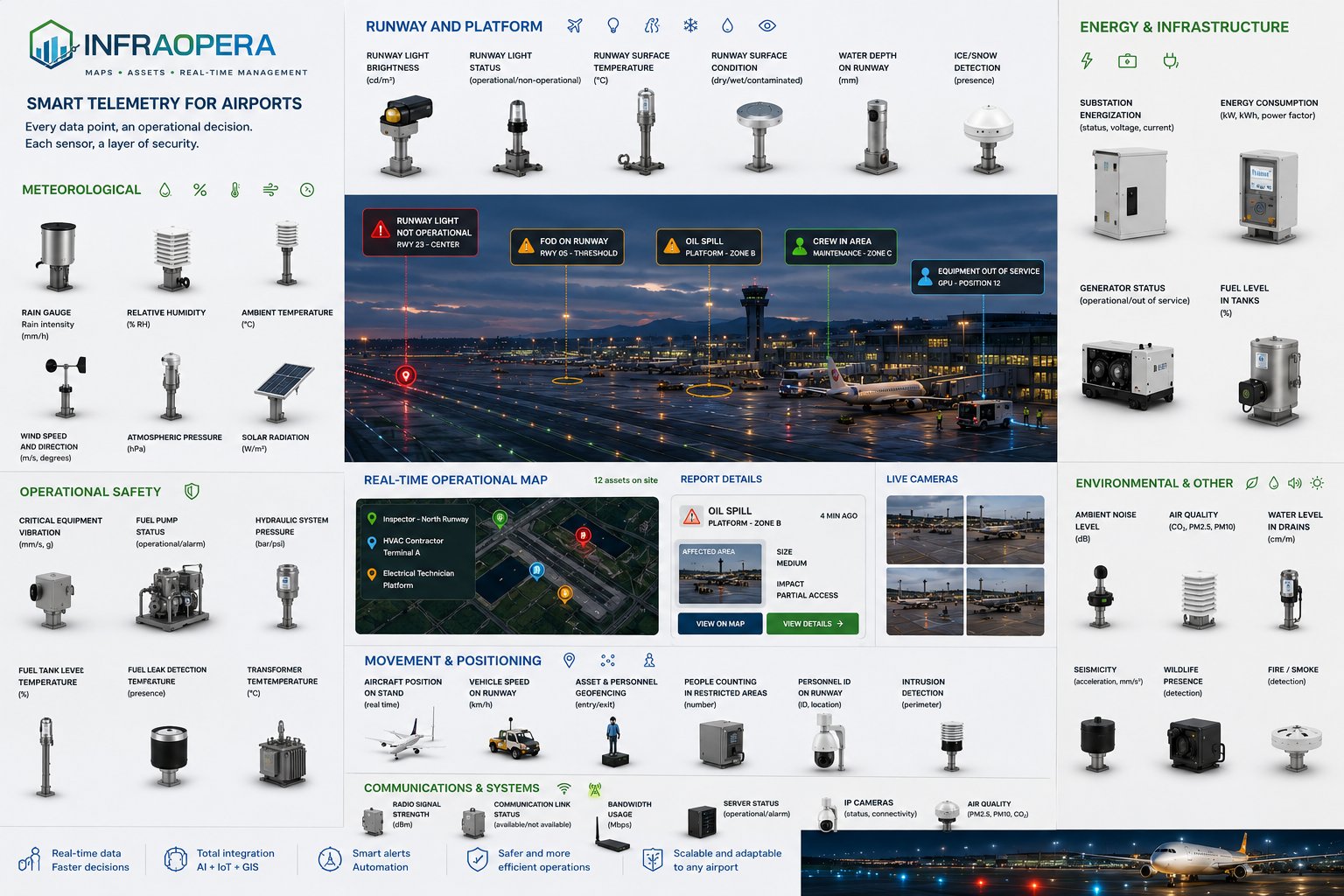 Catalog of telemetry InfraOpera can integrate at an airport: weather sensors, runway and apron sensors, operational-safety sensors, motion and positioning sensors, power and infrastructure sensors, environmental and communications sensors.
