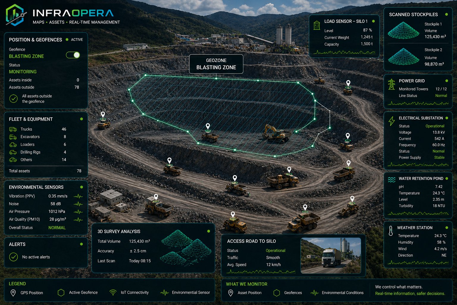 Blasting protocol in InfraOpera: the blast zone delimited as a geofence over the pit, with a real-time count of assets inside and outside the safety radius. The system confirms all assets are clear and monitors during the blast; the authorization to detonate is always human.