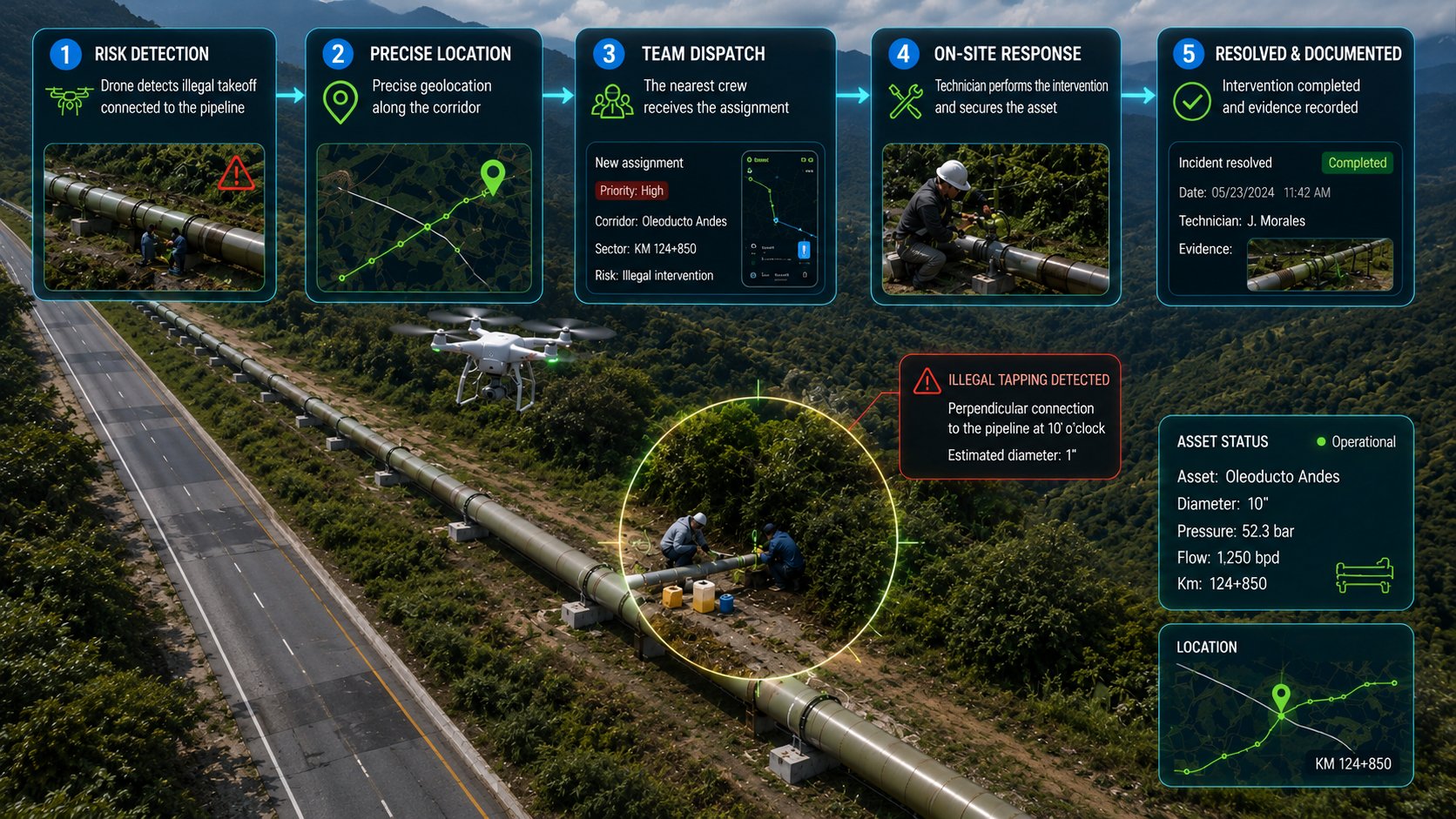 Living Network flow in 5 steps over a pipeline: 1. the risk is detected (a drone identifies an illegal tap connected to the duct), 2. exact location on the corridor, 3. routed to the crew with the assignment, 4. on-site response by the technician, 5. resolved and documented with evidence.