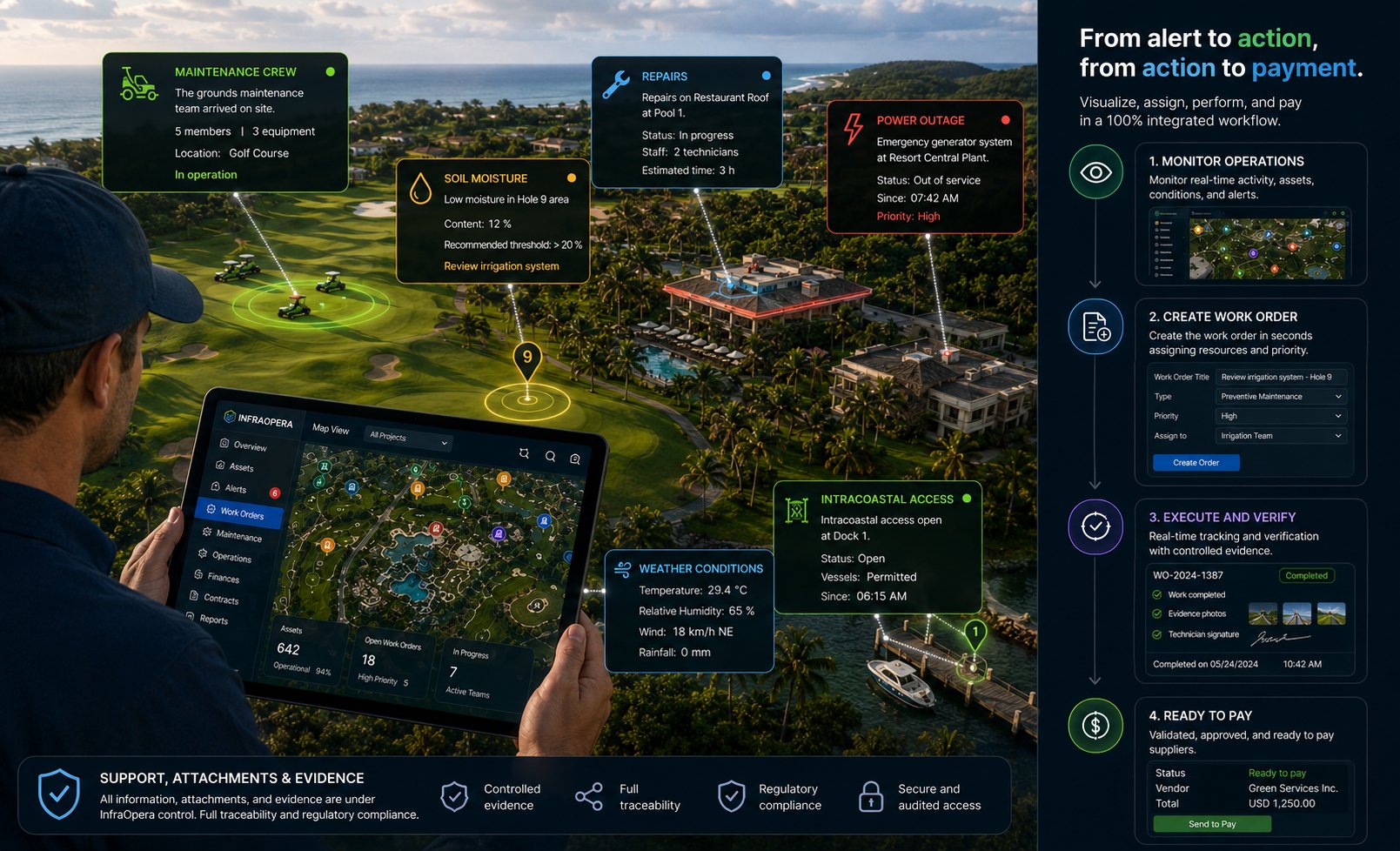 From alert to action, from action to payment: InfraOpera carries the resort report through an integrated flow — visualize the operation, generate the work order, execute and verify with evidence, and leave it ready for vendor payment.