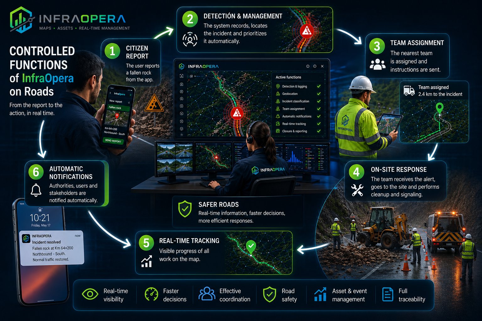 Living Road flow: from the citizen report to field response, with detection, team assignment, real-time tracking and automatic notifications.