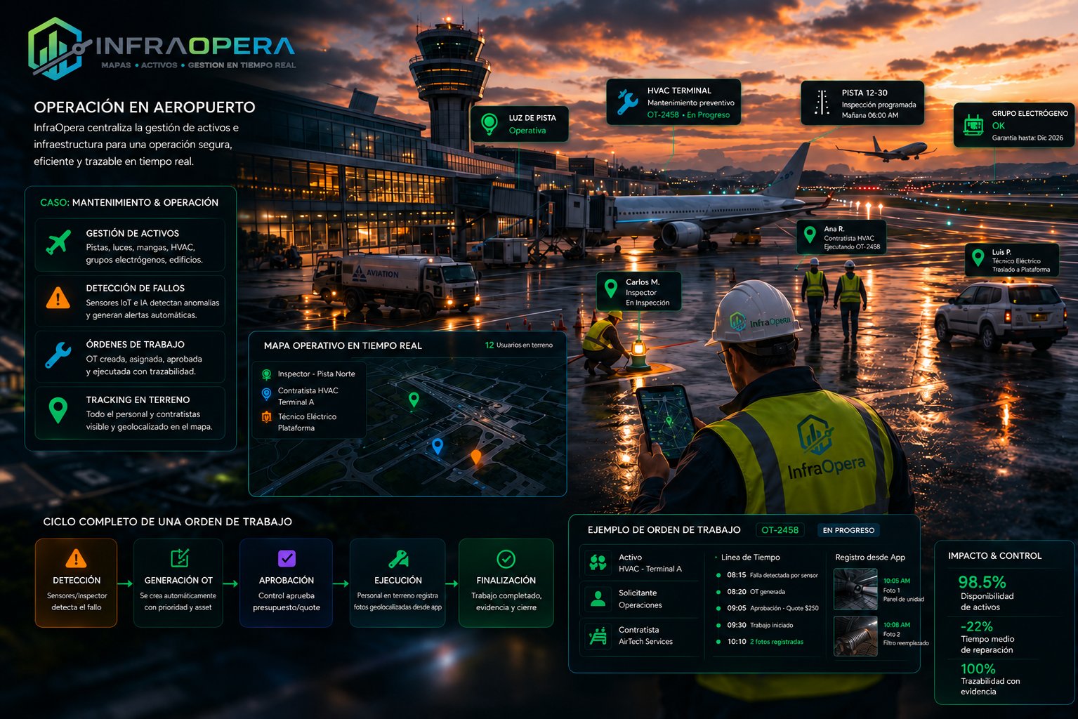 Flujo de Aeropuerto Vivo: del reporte del personal en plataforma a la acción del centro de control, con geofence en lado aire, asignación y seguimiento en tiempo real.