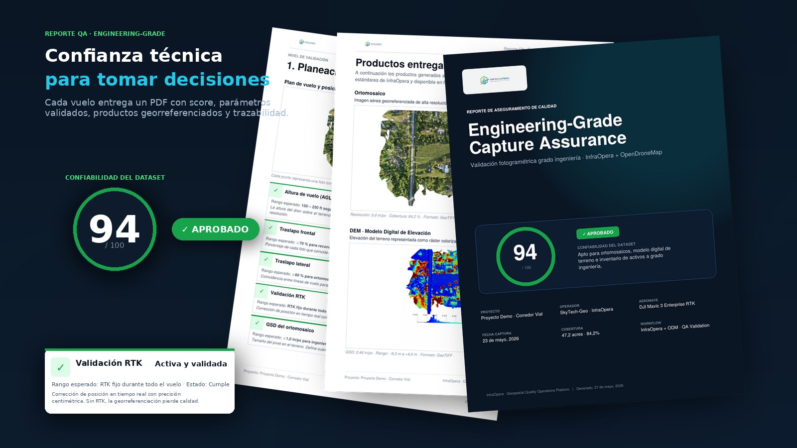 Reporte QA de InfraOpera: 3 páginas del PDF con score 94/100 y badge APROBADO