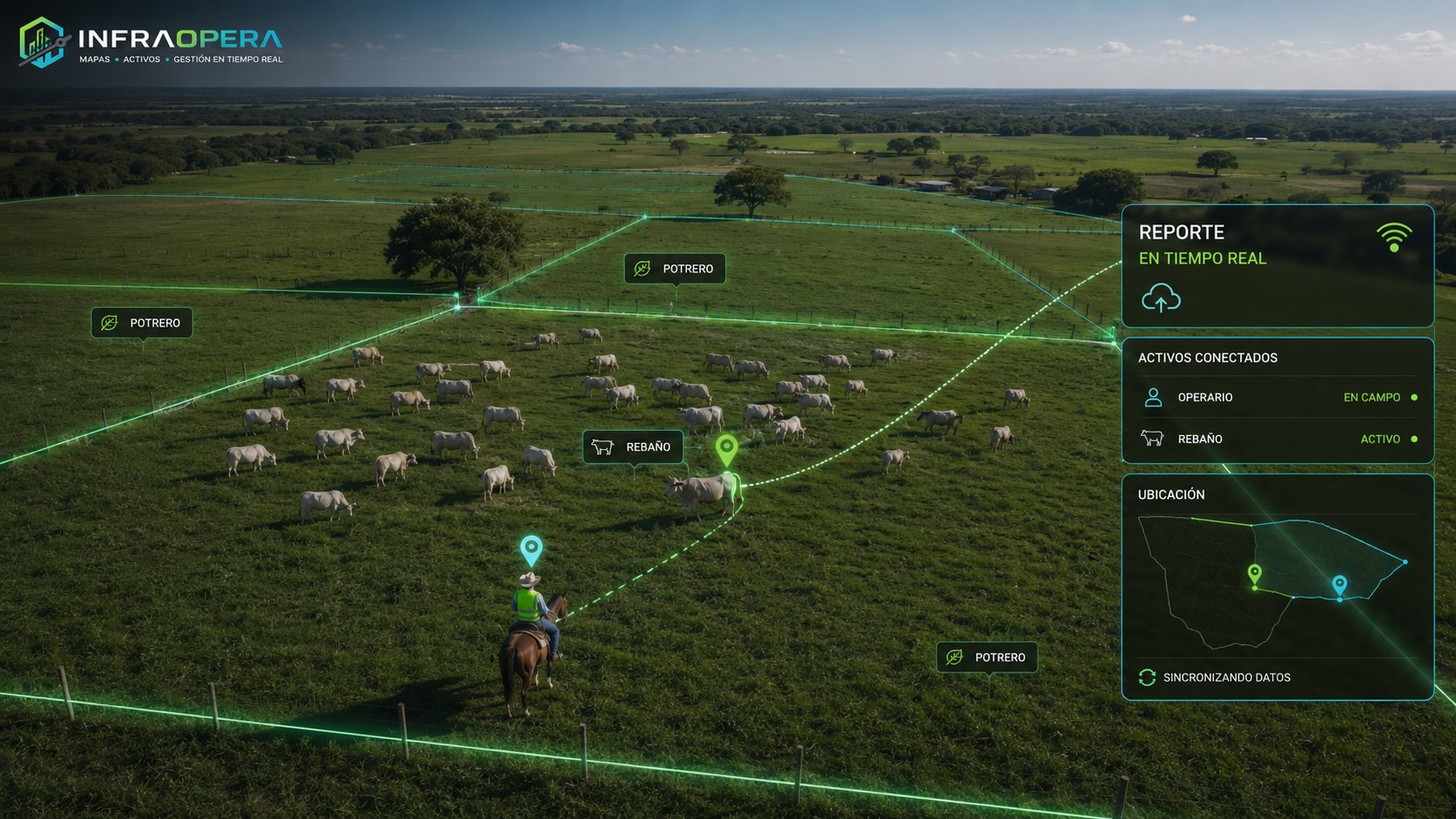 Campo Vivo en ganadería extensiva: potreros delimitados como geozonas, un operario reportando desde el campo con ubicación exacta y el rebaño rastreado por collar GPS, todo llegando a la administración en tiempo real.