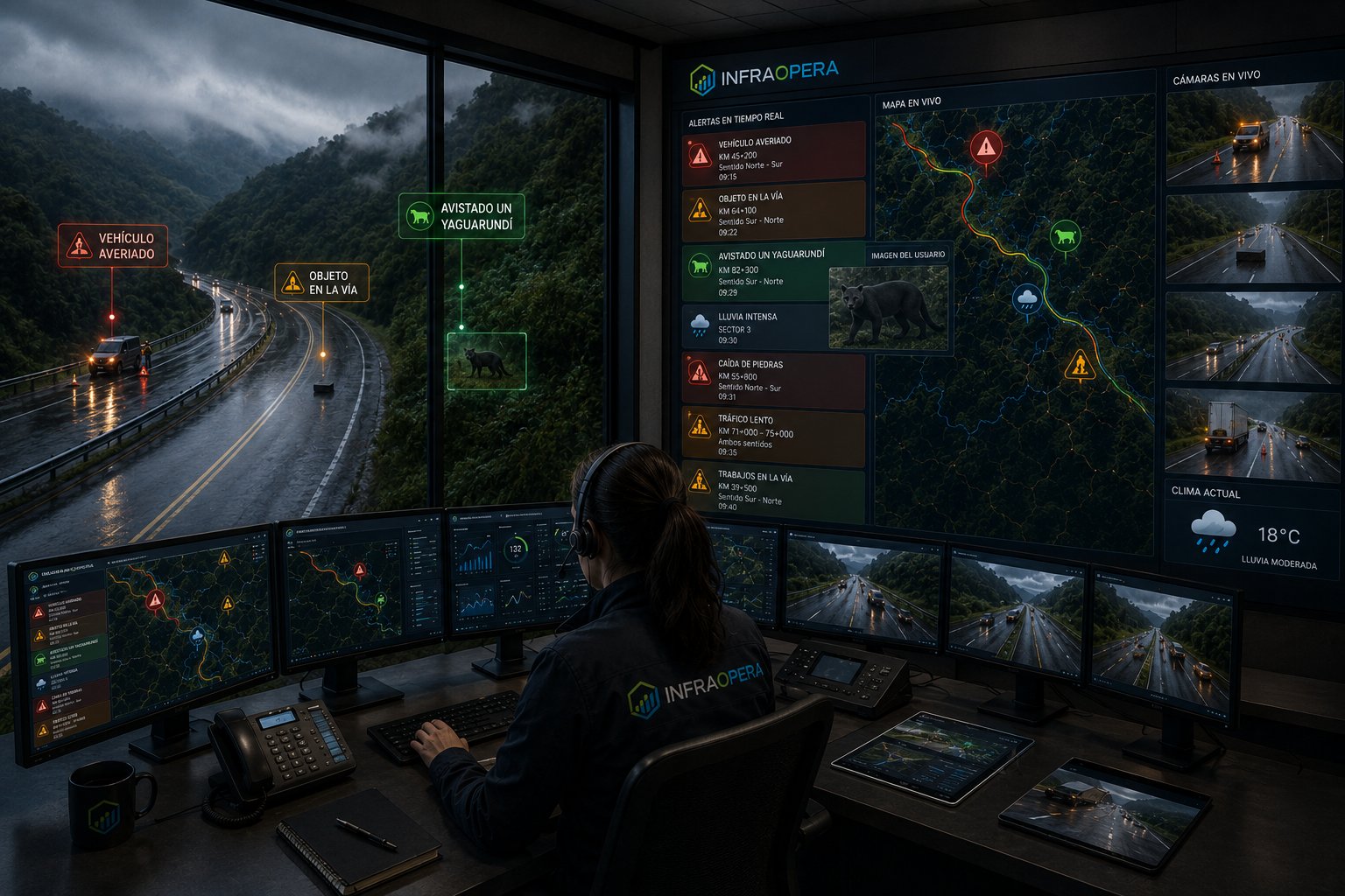 Centro de control de InfraOpera: alertas en tiempo real, mapa en vivo y cámaras de un corredor vial