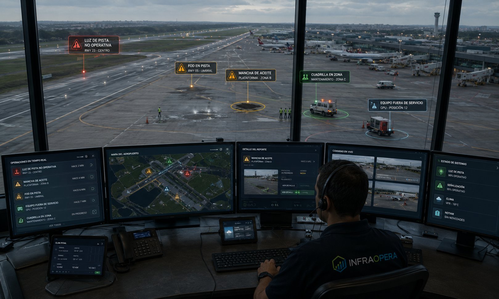 Torre de control de aeropuerto con alertas en tiempo real de InfraOpera: FOD en pista, luz de pista no operativa y cuadrillas en zona