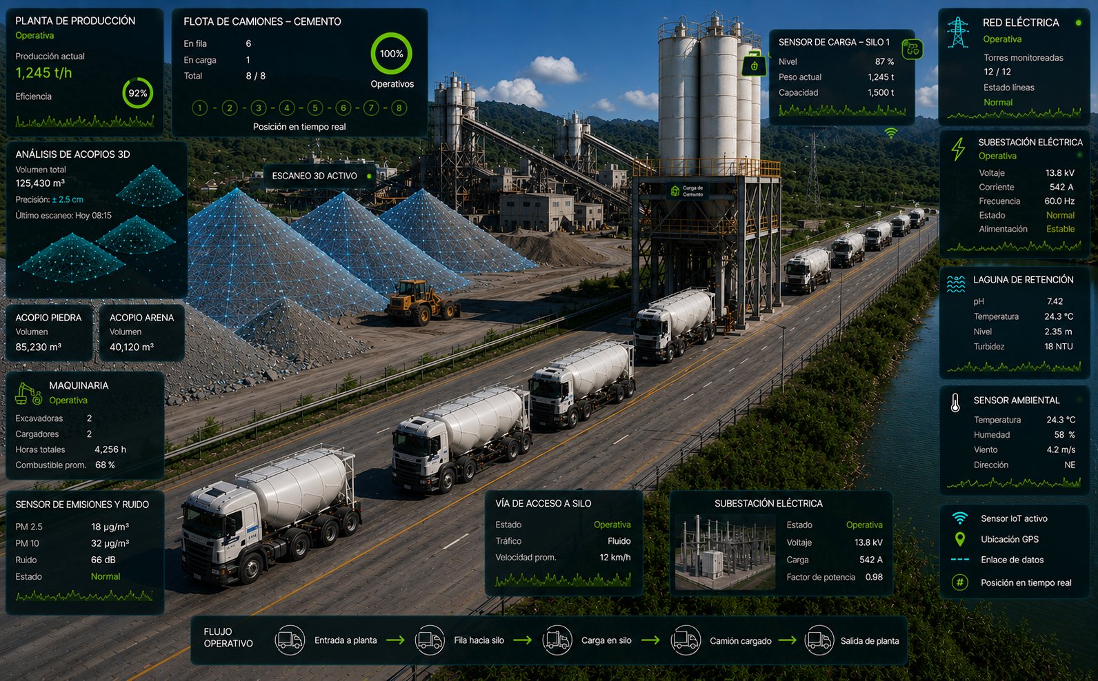 Operación industrial tipo cementera monitoreada con InfraOpera: planta de producción, silos, flota de camiones de cemento, acopios escaneados en 3D, subestación y laguna de retención, con telemetría en tiempo real sobre el mapa.
