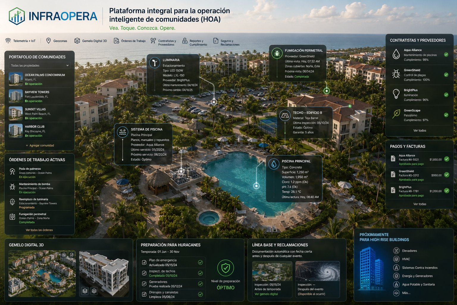 Plataforma integral de InfraOpera para la operación de comunidades (HOA): portafolio de comunidades, activos con sus atributos, contratistas y proveedores, gemelo digital 3D y preparación para huracanes sobre un mapa vivo