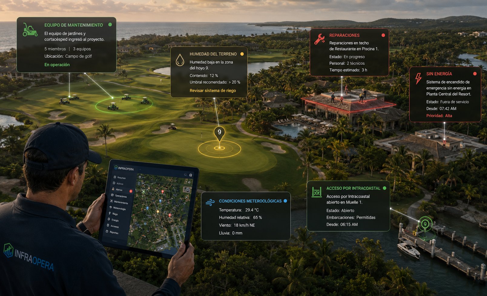 Operación de un resort y club de golf sobre un mapa vivo de InfraOpera: equipo de mantenimiento en el campo, humedad del terreno, reparaciones, estado de energía y acceso por intracoastal en tiempo real
