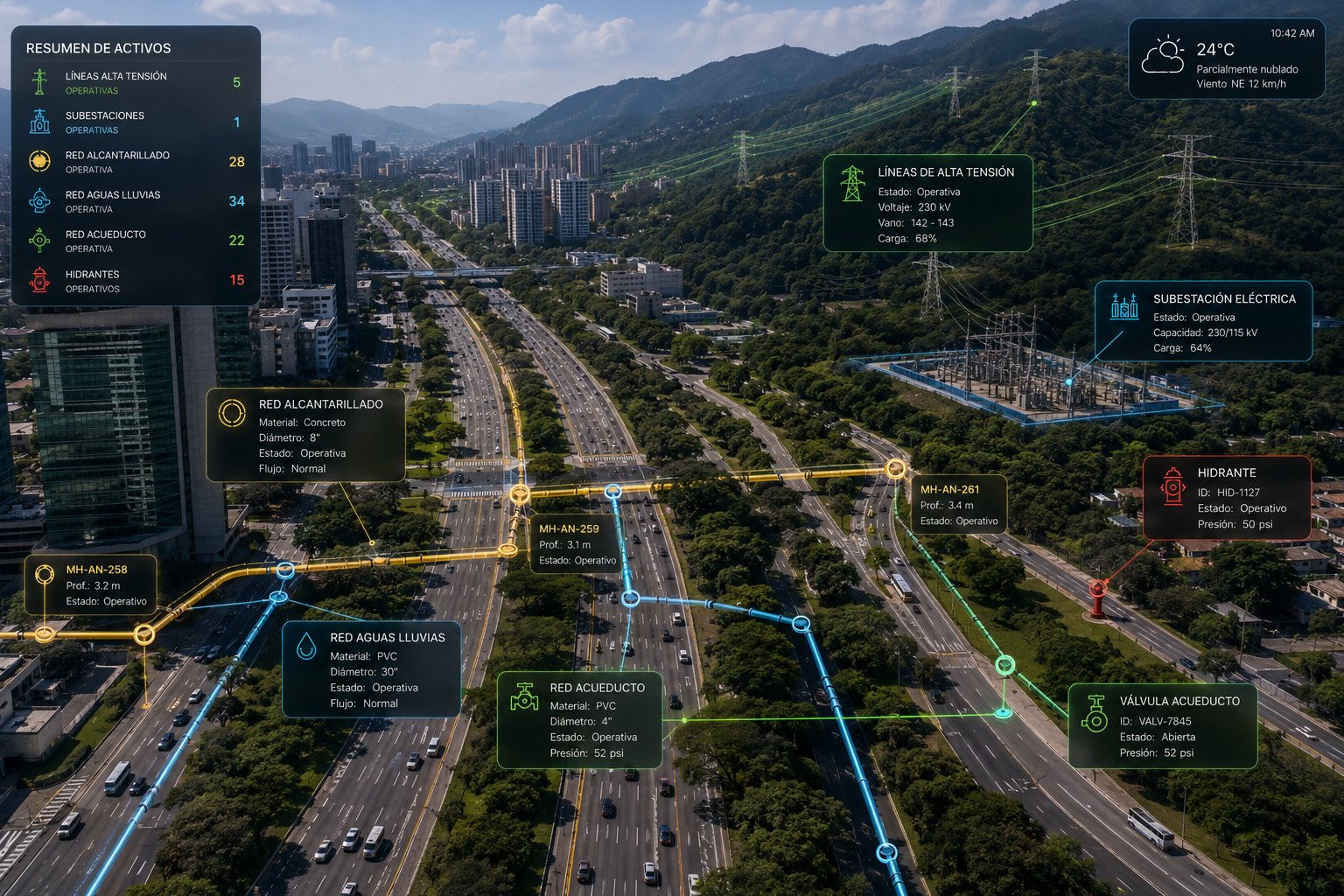 Corredor de infraestructura sobre un mapa vivo de InfraOpera: líneas de alta tensión y subestación eléctrica junto a redes enterradas de alcantarillado, aguas lluvias y acueducto, cada tramo con su material, diámetro, profundidad, válvulas, hidrantes y pozos de inspección