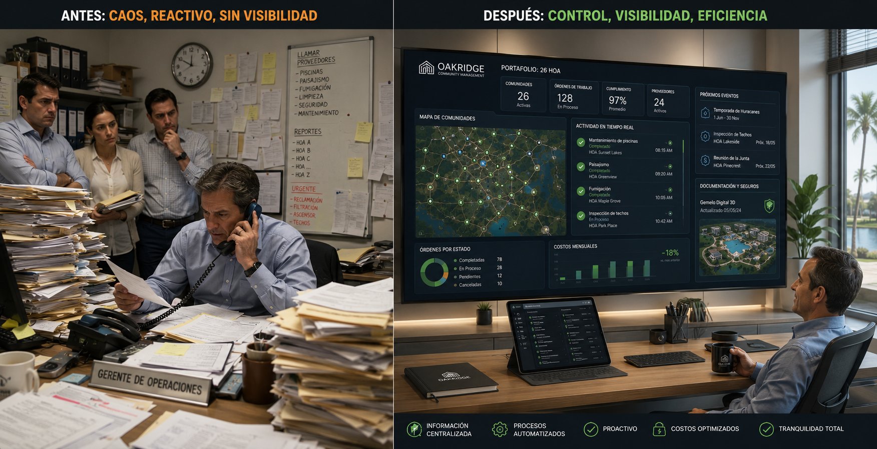 Antes: una oficina en caos, reactiva y sin visibilidad, con el gerente de operaciones rodeado de papeles y llamando a proveedores. Después: control, visibilidad y eficiencia — un portafolio de 26 comunidades operado desde un dashboard de InfraOpera con mapa, actividad en tiempo real y costos optimizados.