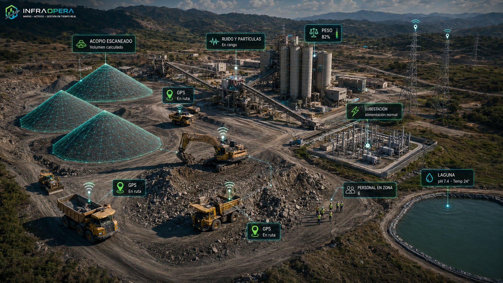 Telemetría integral de una operación tipo cementera en InfraOpera: acopios escaneados en 3D con volumen calculado, GPS en vivo de dúmperes y excavadora, peso de silo, ruido y partículas en la trituradora, pH y temperatura de la laguna de retención, estado de la subestación y conteo de personal por zona.