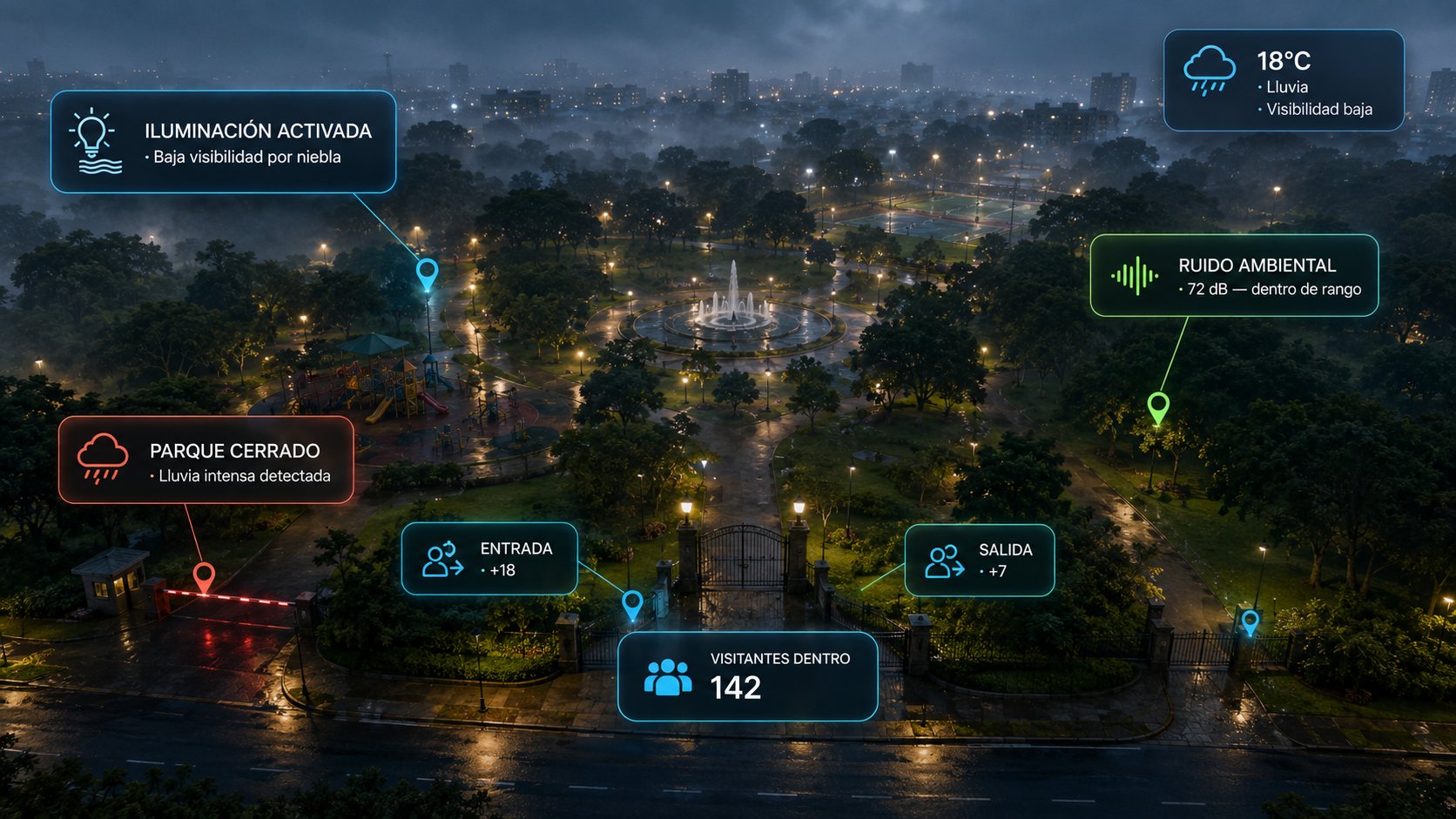 Telemetría en acción en un parque bajo lluvia: la iluminación se activa por baja visibilidad por niebla, el parque se cierra por lluvia intensa detectada, el conteo de entradas y salidas estima 142 visitantes dentro, y el ruido ambiental se mantiene dentro de rango para proteger el entorno.