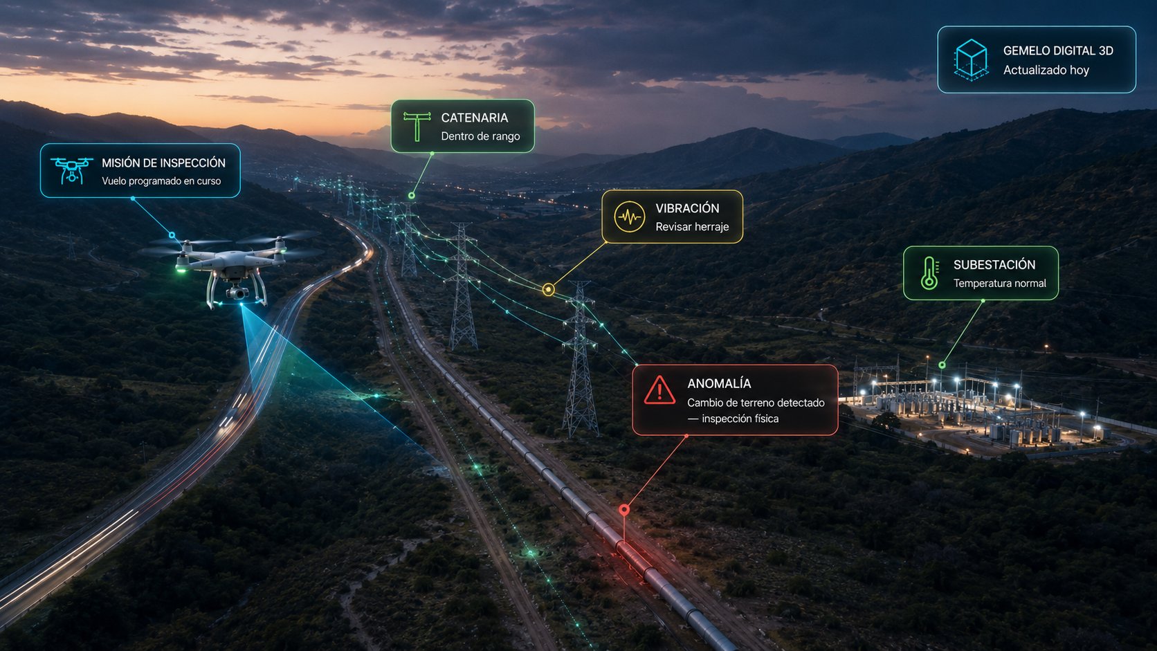 Inspección de la red en acción al anochecer: un dron en misión programada recorre el corredor, la catenaria se reporta dentro de rango, un herraje con vibración a revisar, una anomalía por cambio de terreno sobre el ducto marcada para inspección física, la subestación con temperatura normal y el gemelo digital 3D actualizado hoy.