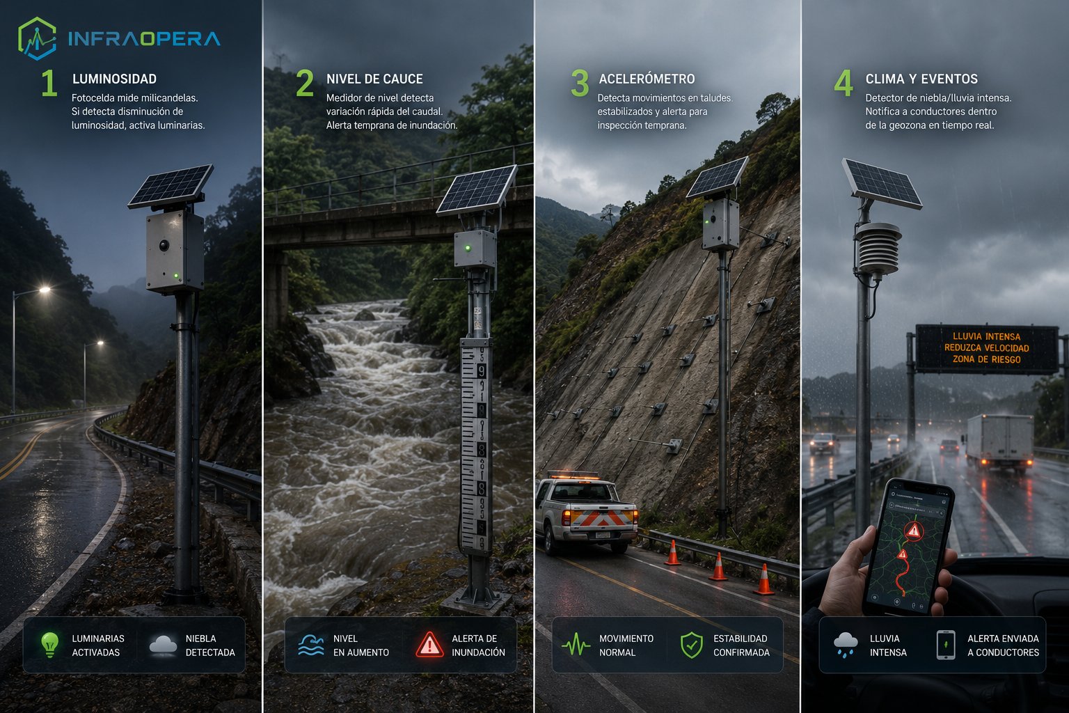 Cuatro tipos de telemetría en vía: sensor de luminosidad que activa luminarias, medidor de nivel de cauce con alerta de inundación, acelerómetro en taludes, y detector de clima que notifica a conductores en la geozona.