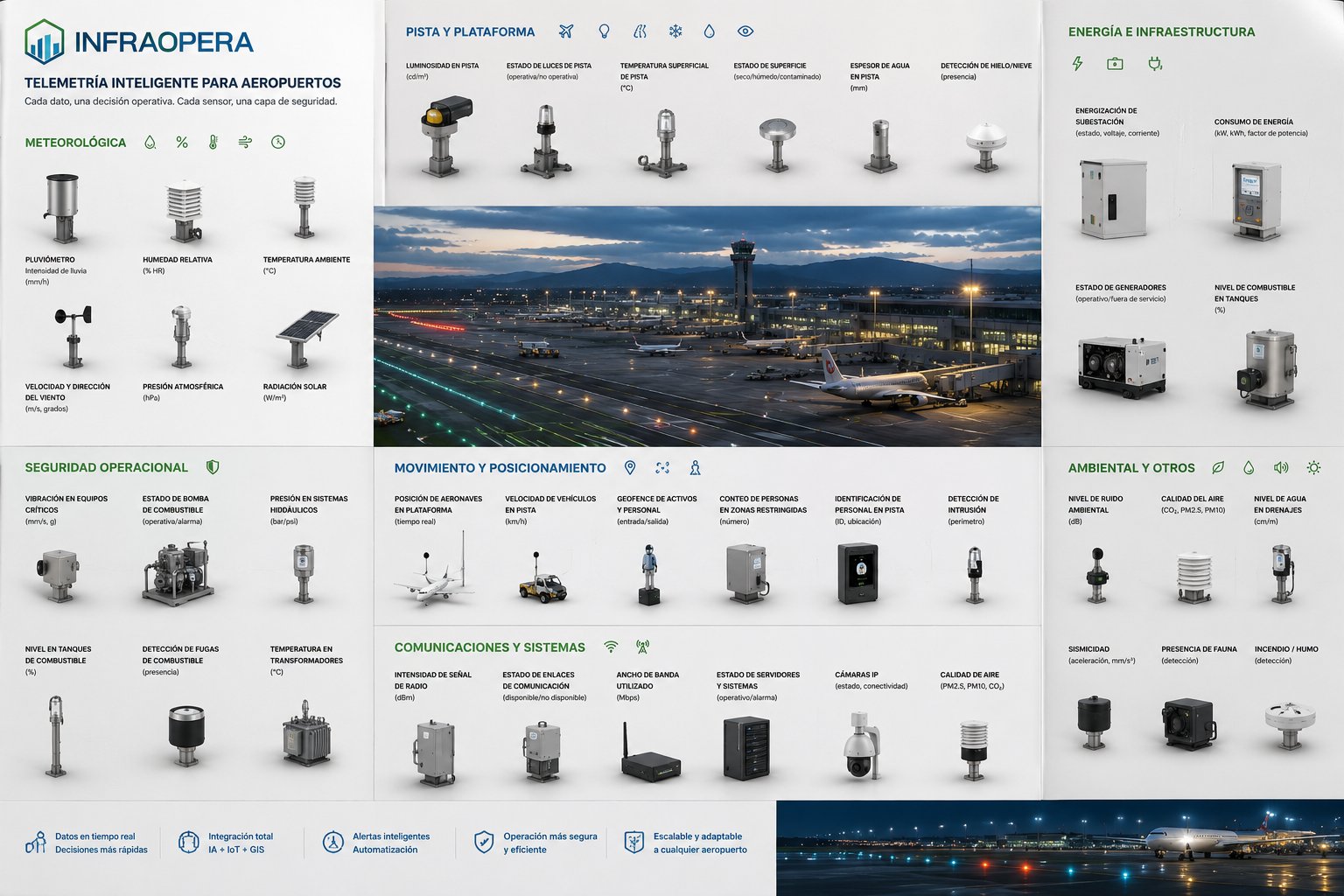 Catálogo de telemetría que InfraOpera puede integrar en un aeropuerto: sensores meteorológicos, de pista y plataforma, de seguridad operacional, de movimiento y posicionamiento, de energía e infraestructura, ambientales y de comunicaciones.