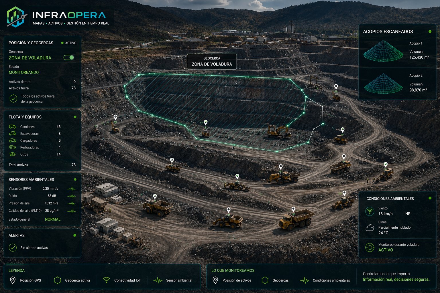 Protocolo de voladura en InfraOpera: la zona de voladura delimitada como geocerca sobre el tajo, con conteo en tiempo real de activos dentro y fuera del radio de seguridad. El sistema confirma que todos los activos están despejados y monitorea durante la voladura; la autorización de detonar es siempre humana.