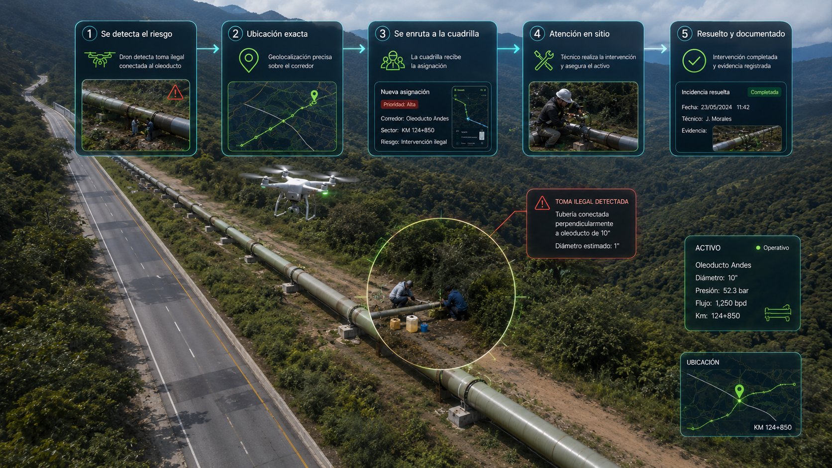 Flujo de Red Viva en 5 pasos sobre un oleoducto: 1. se detecta el riesgo (un dron identifica una toma ilegal conectada al ducto), 2. ubicación exacta sobre el corredor, 3. se enruta a la cuadrilla con la asignación, 4. atención en sitio del técnico, 5. resuelto y documentado con evidencia.