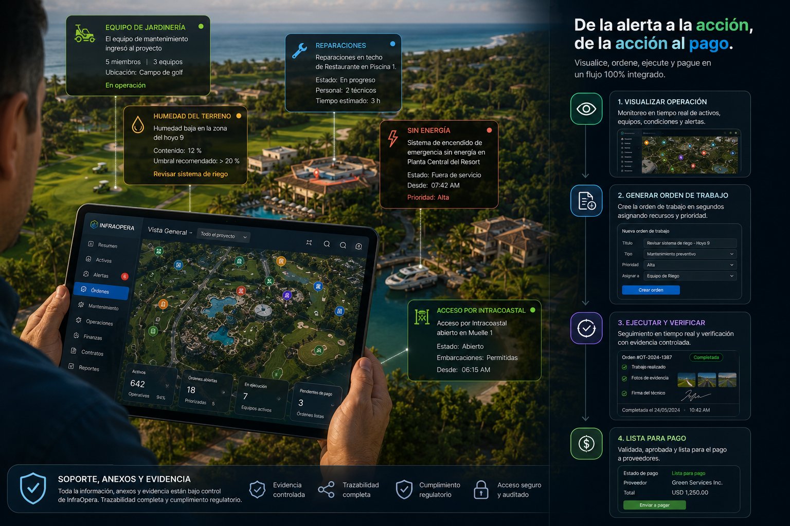 De la alerta a la acción, de la acción al pago: InfraOpera lleva el reporte del resort por un flujo integrado — visualizar la operación, generar la orden de trabajo, ejecutar y verificar con evidencia, y dejarla lista para el pago al proveedor.