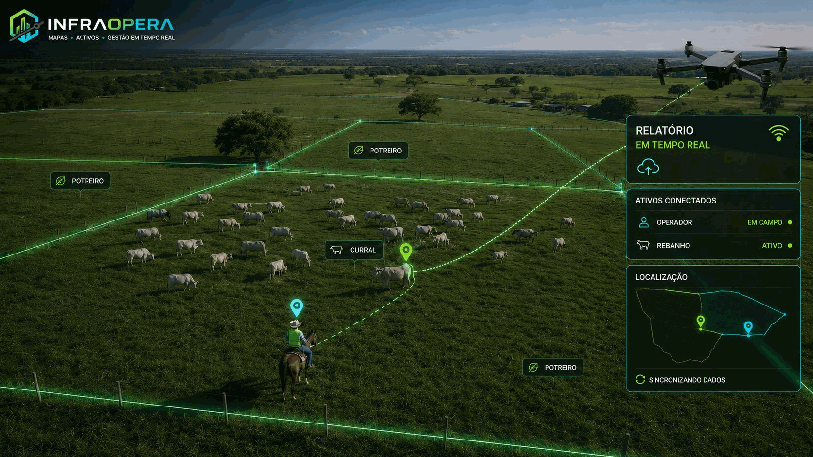 Campo Vivo em pecuária extensiva: pastos delimitados como geozonas, um operário relatando do campo com localização exata e o rebanho rastreado por coleira GPS, tudo chegando à administração em tempo real.