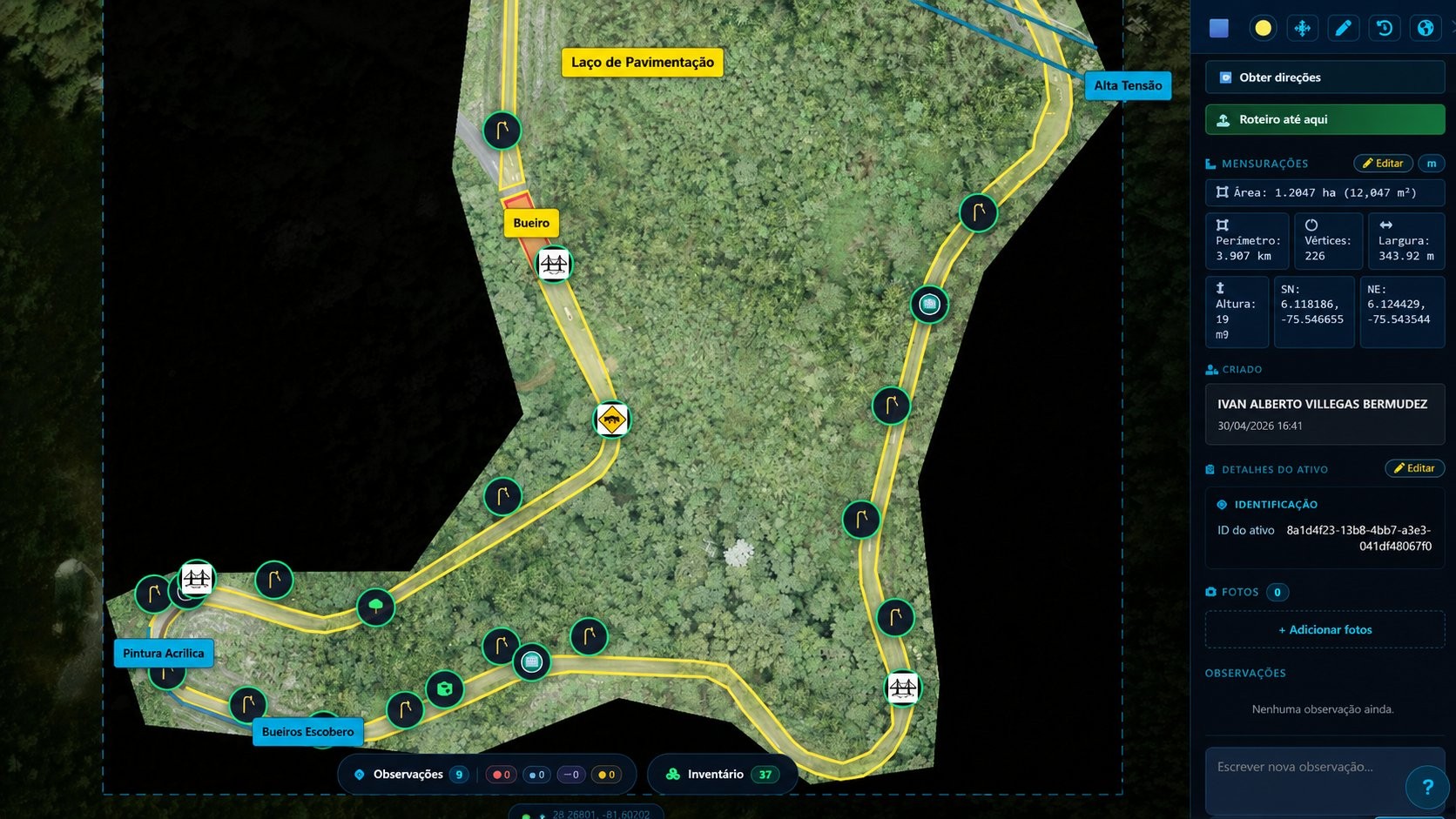 Vista do projeto El Escobero na InfraOpera: mapa aéreo com observações georreferenciadas, vias, alta tensão e zonas de tapa-buracos